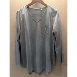 Soft Surroundings L Blue V-Neck Maddox Ultra Soft Faux Suede Tunic Top Roll Tab
